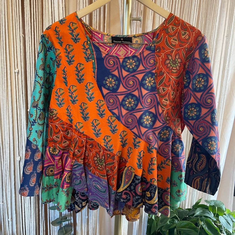 Boho Multi-Coloured Patchwork Peplum Top With 3/4… - image 7